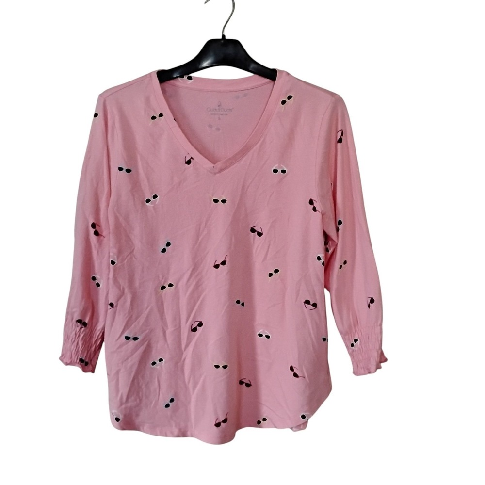 Cuddl Duds Pink Sunglasses Print V-Neck Top Smocked Cuffs Small